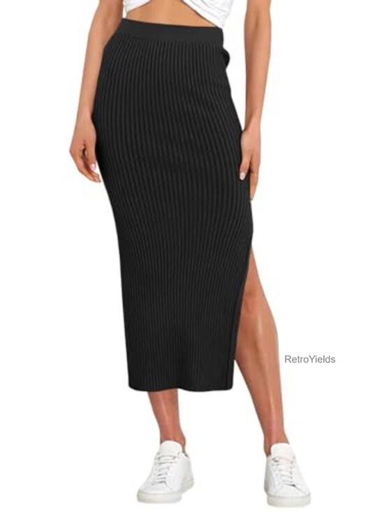 Dresses & Skirts - Women's Bodycon Knitted Pencil Skirt High Waisted Midi Split Elastic Waist